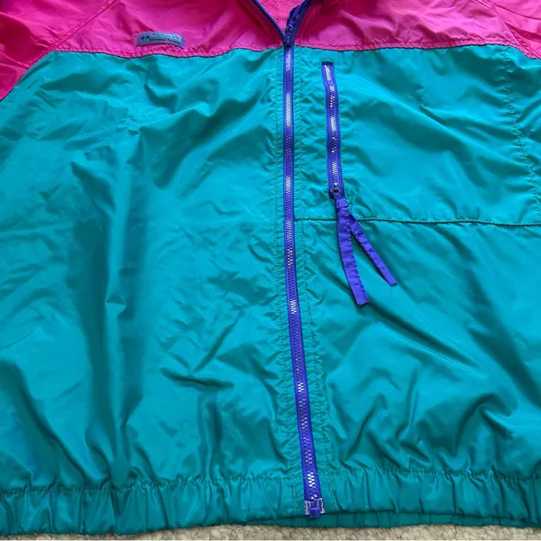 Vintage Columbia Windbreaker Jacket Green Pink Zip Up Hood Women Size XL - Image 3
