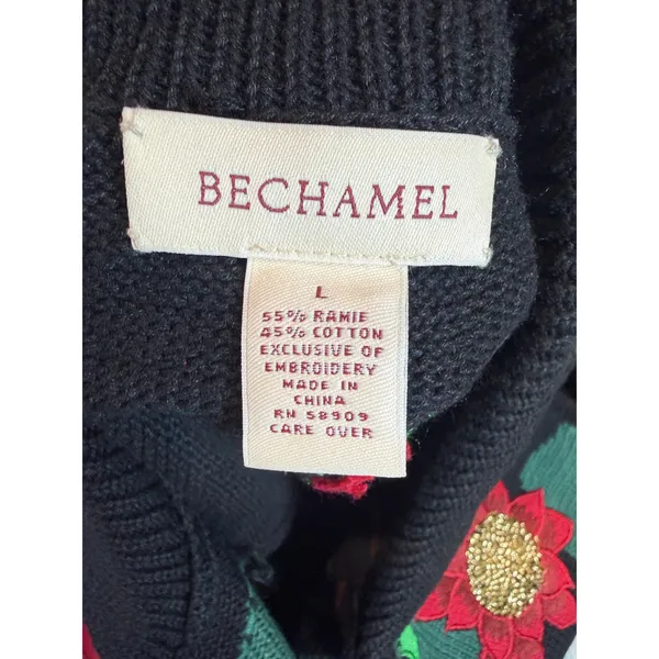 Bechamel Christmas Sweater Vest Large Black Poinsettia Holly Zip Up Knit - Image 4