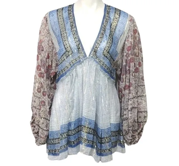 Free People $128 Aliyah Tunic Blouse Top S geometric print floral balloon sleeve - Image 4