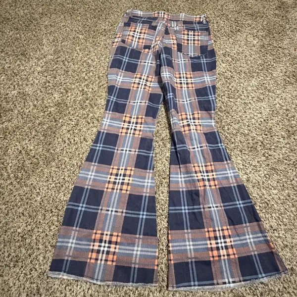 Madden Girl Womens Plaid Flare Jeans Navy Orange Bell Bottom Raw Hem Size 28 - Image 4