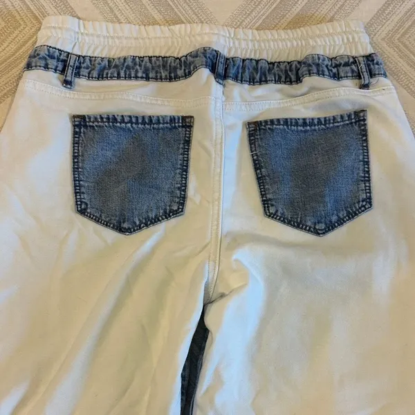 Tractr Reconstructed Ripped Denim Front White French Joggers Size M - Image 8