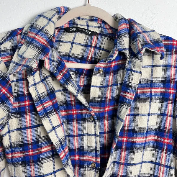 Zara Women’s Plaid Flannel Button Front Shirt Mini Dress Medium‎ - Image 5