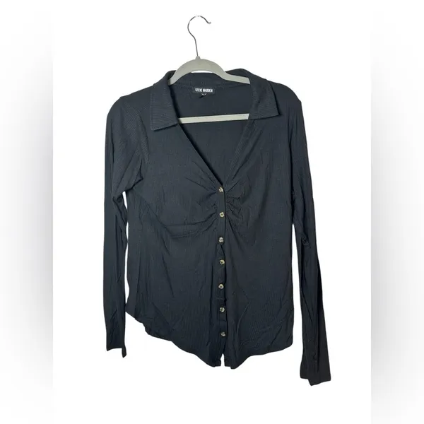 Steve‎ Madden Ribbed Ruched Button Down Long Sleeve Top Black Size M - Image 2