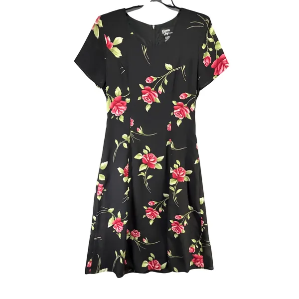 Vintage 90s Dawn Joy Floral Midi Dress Womens 5/6 Black Red Rose Romantic Goth - Image 4
