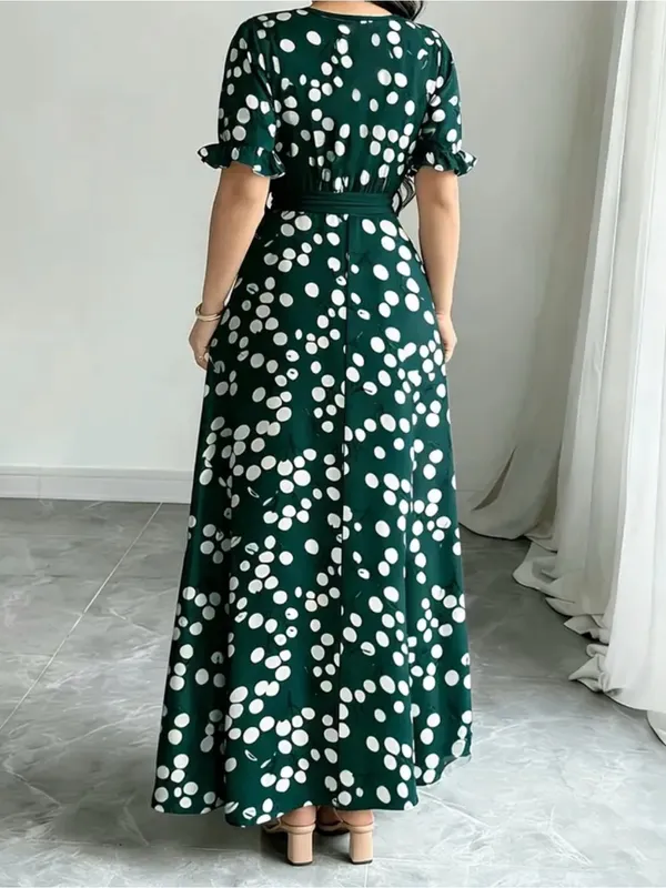 Polka Dot Maxi Dress in Dark Green with Belt - Image 2