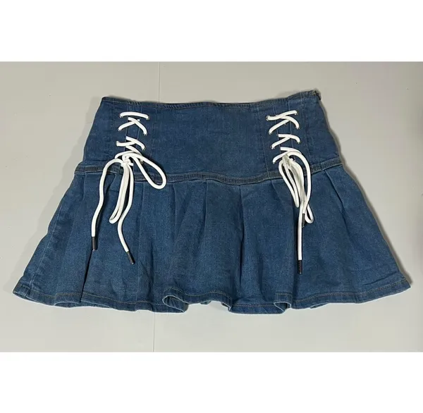 Blue White Jean Denim Tie-Up Pleated Mini Skirt Bottoms Size M 🩵🤍✨ - Image 3