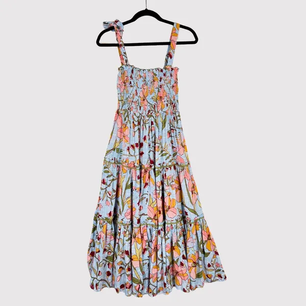 Poupette St Barth Dress Blue Midi Kleid Triny Floral Tank Tiered Smocked Boho XS - Image 3