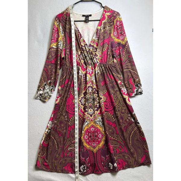 Style & Co Womens Large Pink Paisley Medallion Boho Surplice V-Neck Midi Dress - Image 7