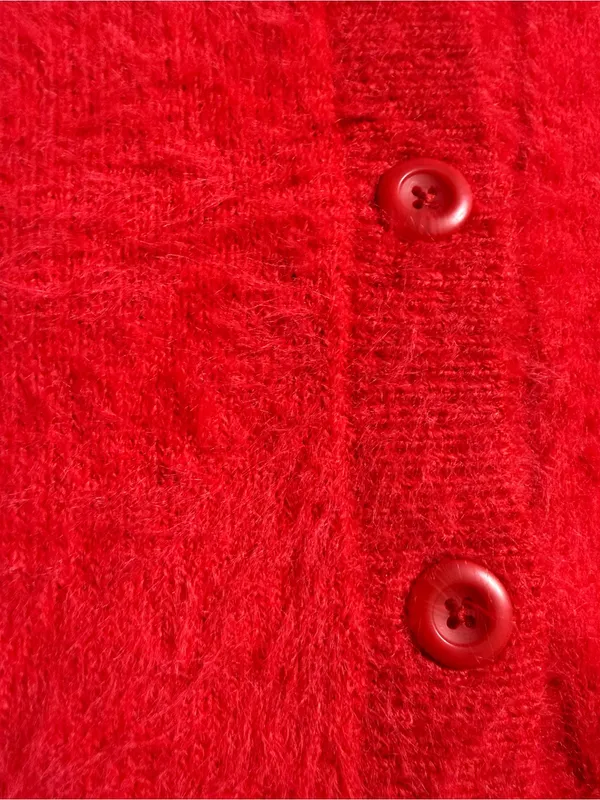 French Connection Fluffy Eyelash V-Neck Button Cardigan - Red - Image 4