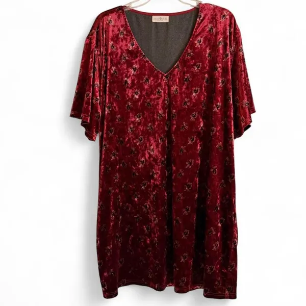 Natural Life All Day Velvet V-Neck Floral Shift Dress Burgundy XL Pockets - Image 2