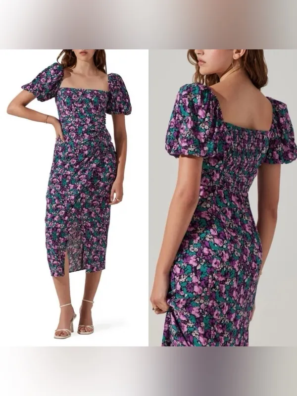 ASTR the Label Teal Purple Floral Puff Sleeve Midi Dress Ruched Slit Prairie - Image 2