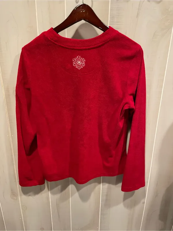 Christopher & Banks Cute red soft fleece snowflake 90s crewneck winter holiday cherry red sweatshirt - Image 7