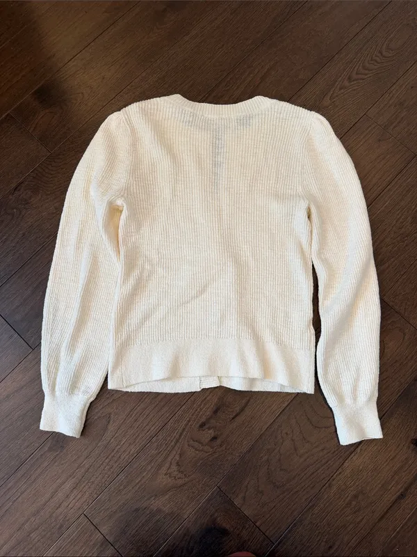 LOFT Cream Button-Front Puff-Sleeve Ribbed Sweater Cardigan Size Small - C54-144 - Image 7