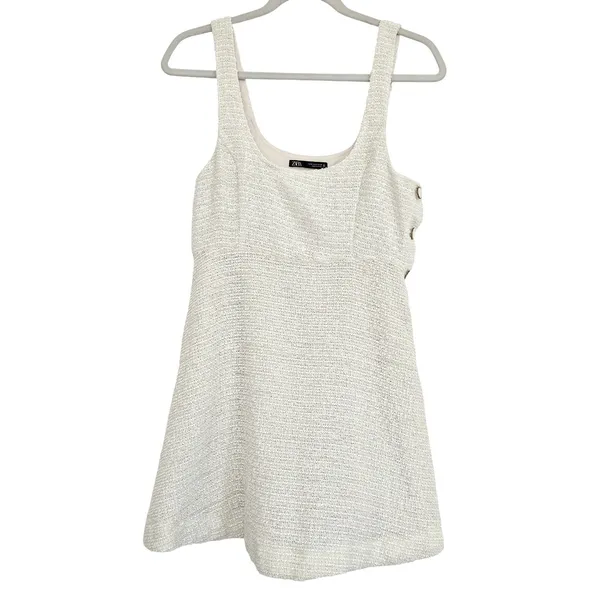 ZARA Womens White Tweed Scoop Neck Button Mini Dress Preppy Structured Chic Sz M - Image 7