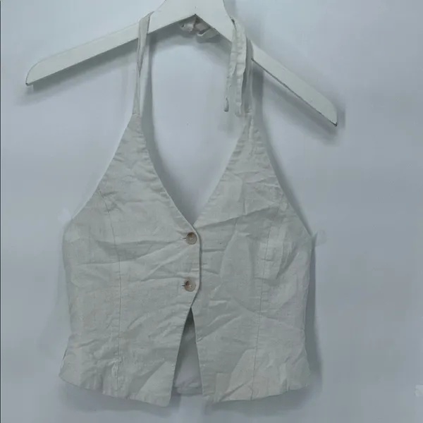 Bershka Linen Blend Halter Crop Top Button Front White Size M - Image 2