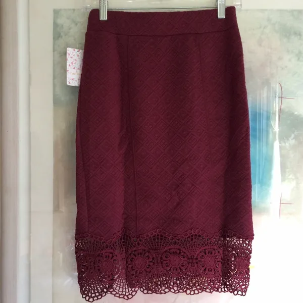 FREE PEOPLE Storyteller Crochet Lace Trim Quilted Pencil Skirt Burgundy Size XS - Image 4