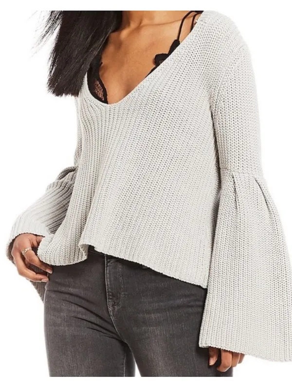 Free People Damsel Bell Sleeve Chunky Knit Sweater Gray XS Boho - Image 2