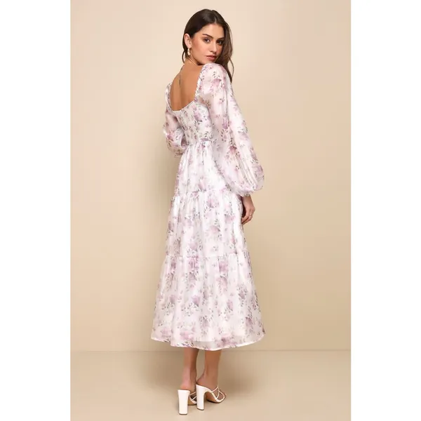 NWT Lulus Radiant Afternoon Ivory Floral Cutout Tiered Midi Dress Wedding Size S - Image 3