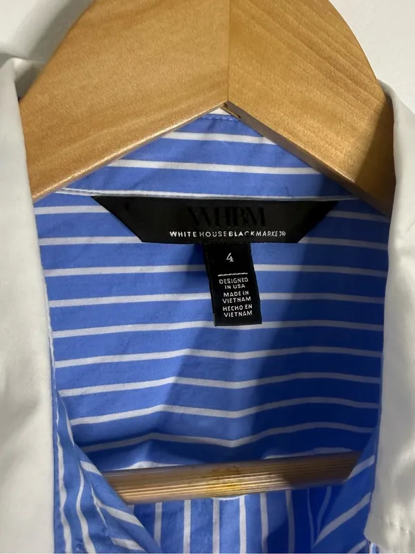 White House Black Market Striped Button Up Blouse Size 4 Ruched Sleeve - Image 4