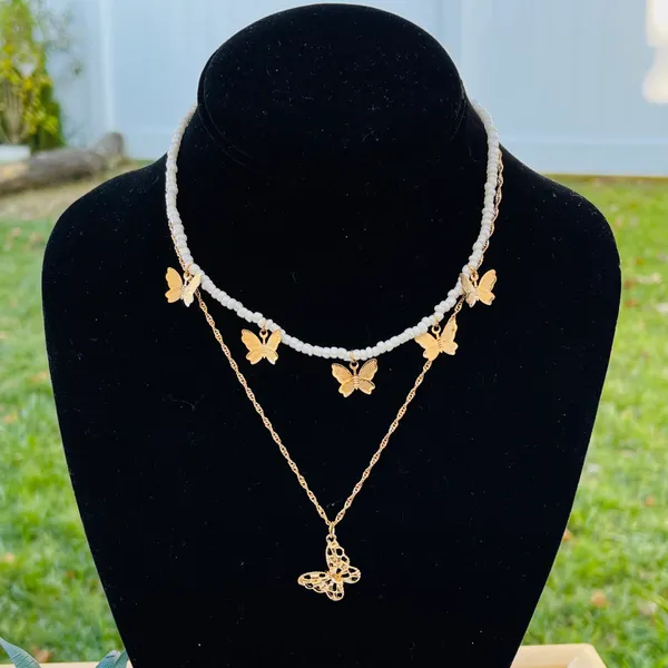 White Beads Gold Tone Butterflies Layered Necklace - Image 2