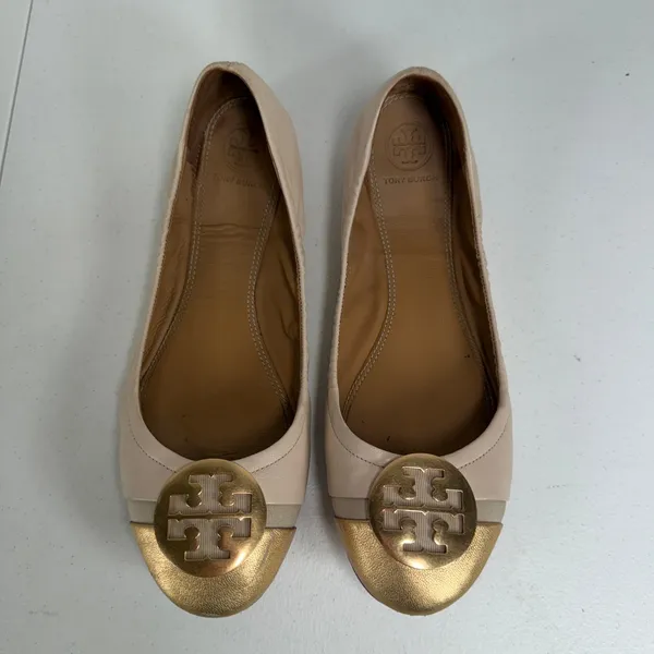 Tory Burch Minnie Womens 8.5 Cap Toe Logo Beige Gold Ballet Flat Slip On Shoe - Image 5