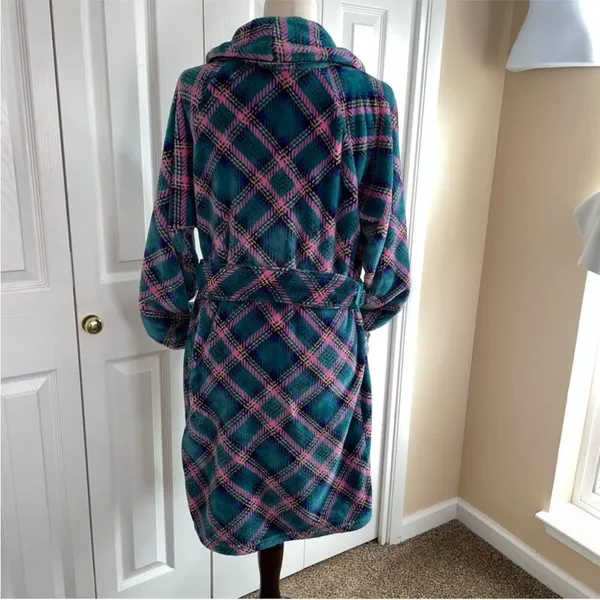 NEW Victoria's Secret Cozy Plush Short Robe Jade Plaid Womens Size Medium Large - Image 6