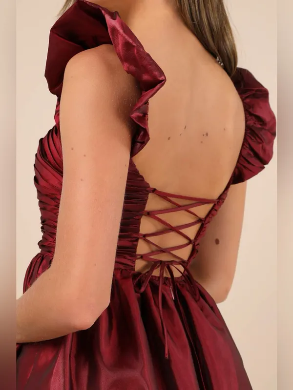 Lulus Poised Passion Wine Red Taffeta Pleated Ruffle Midi Dress Size XS NWT - Image 4