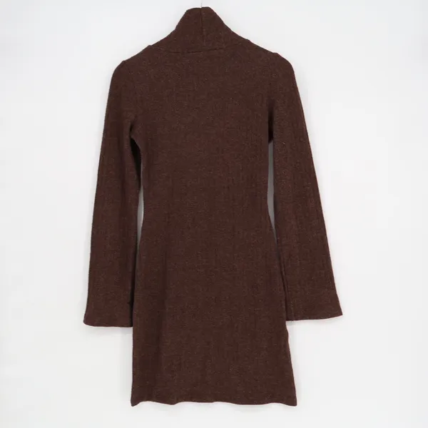 Gina Tricot Brown Turtleneck Ribbed Knit Mini Dress XS Long Bell Sleeve Slit - Image 5