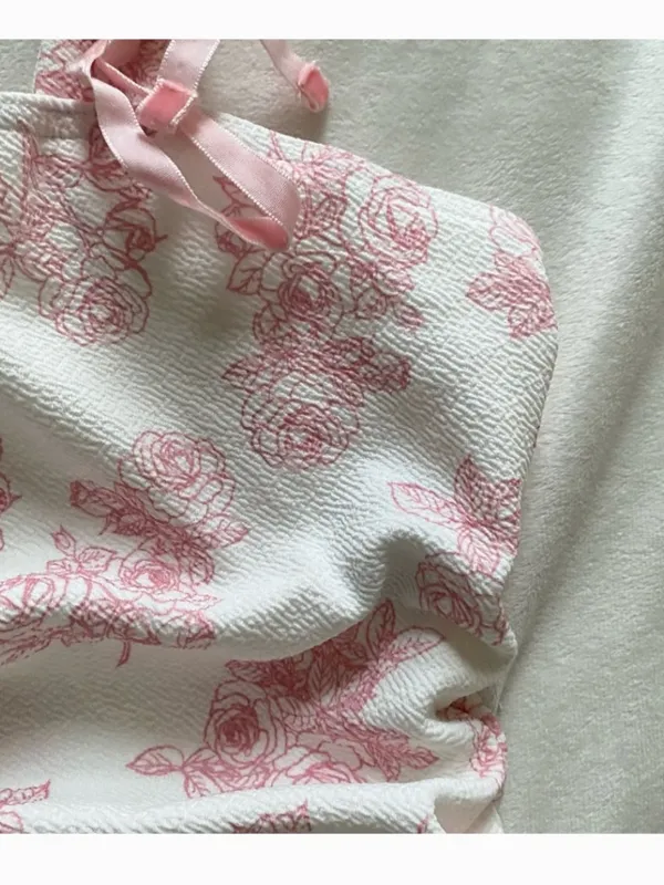 pink and white floral chinoiserie velvet bow tank top - Image 3