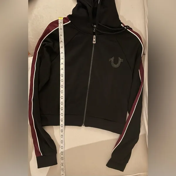 NWT True Religion Crystal Zip Hoodie Size S Black & Maroon - Image 8