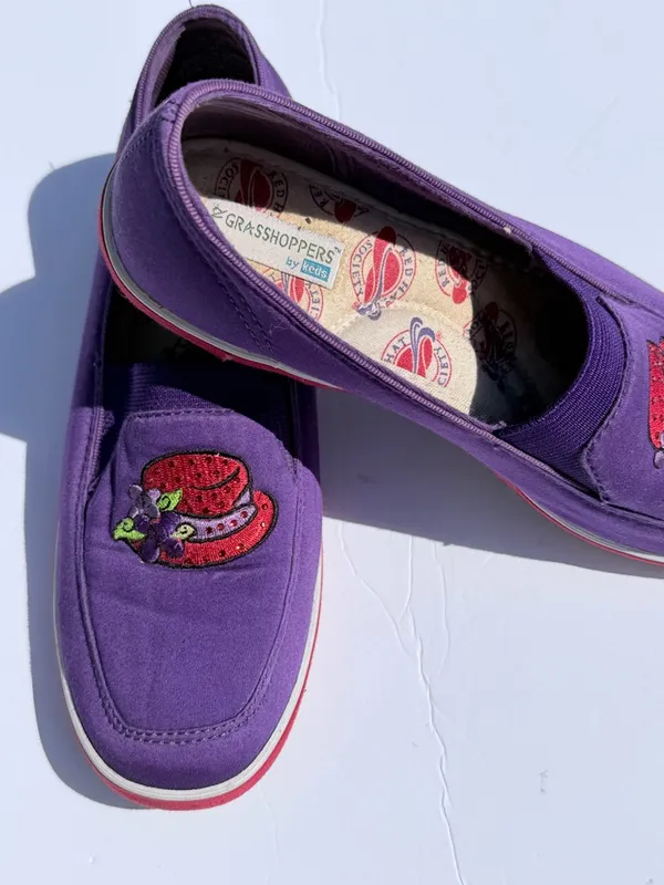 Grasshopper size 6Purple Slip-On Loafers with Embroidered Strawberry Hat Detail - Image 2