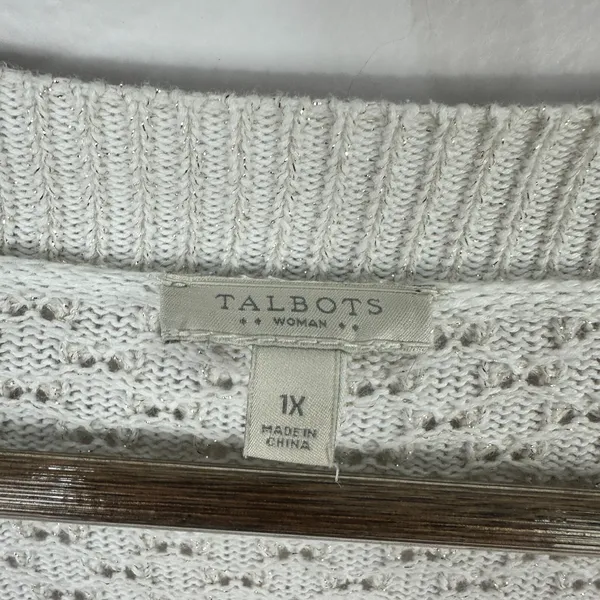 Talbots Cardigan 1X Ivory‎ Metallic Open Front Pointelle Knit Sweater Pockets - Image 3