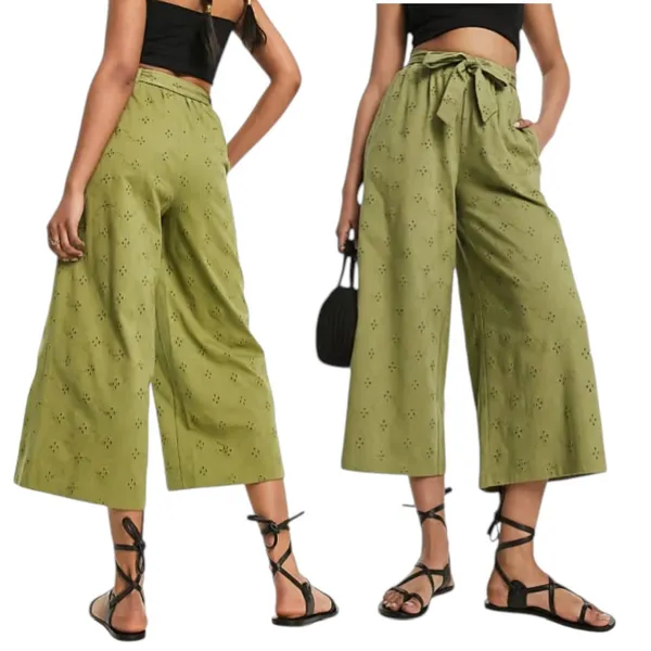 ASOS 12 Khaki Green Broderie Anglaise Wide Leg Crop Belted Pants Bohemian Beach‎ - Image 2