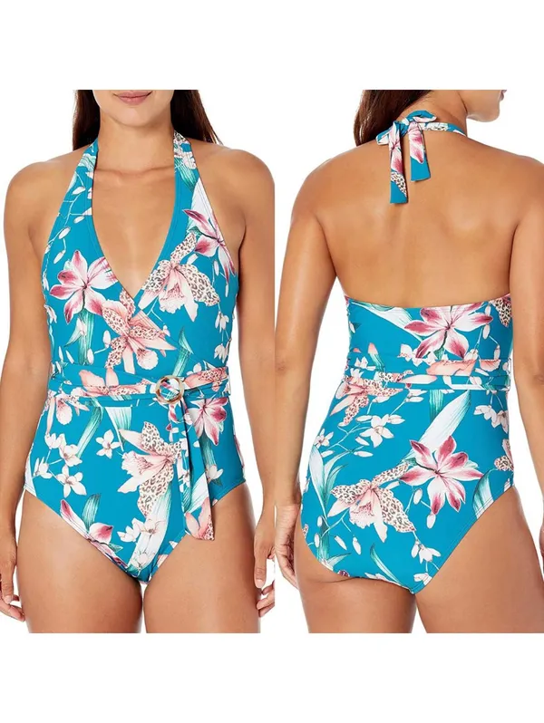 La Blanca Teal Floral Wrap One Piece Halter Tummy Control Swimsuit Size 12 - Image 2