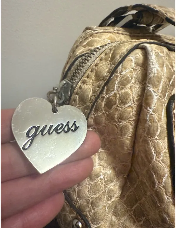 Guess Beige/Tan Textured Shoulder Bag with Metal Plaque - Image 6
