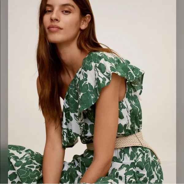 Mango One-Shoulder Green Leaf Dress - Image 2