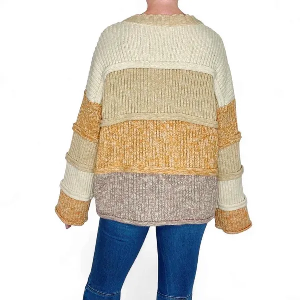 Entro Beige Brown Tan Striped Patchwork Flared Sleeve Sweater - Image 6