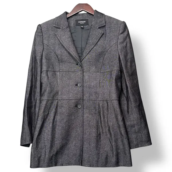 Express Women Tailored 3/4 Button Blazer Jacket Gray Stretch Lined Office Chic - Image 2