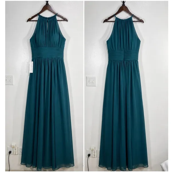 Azazie Bonnie Bridesmaid‎ Dress Peacock Blue Chiffon Halter Maxi Formal Gown - Image 2