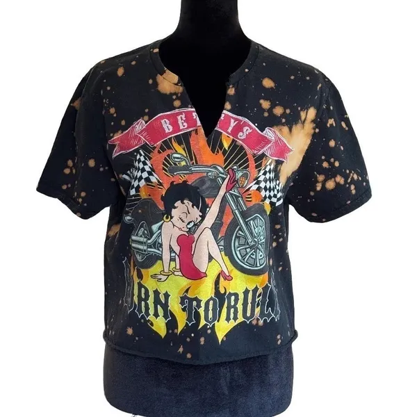 Betty Boop Biker Graphic‎ Crop Top Bleach Splatter Black Medium Grunge Pin-up - Image 2