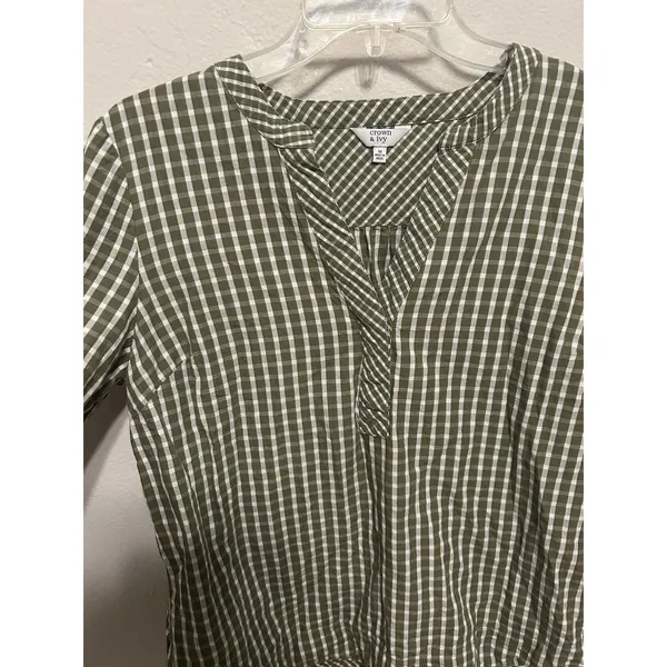 Crown & Ivy Size Medium Checkered Gingham Peasant Blouse Green & White Cotton - Image 3