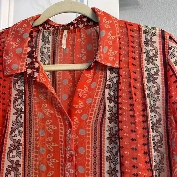 Free People Moonlight Mile Woven Top Hot Coral Floral Size Small‎ - Image 5