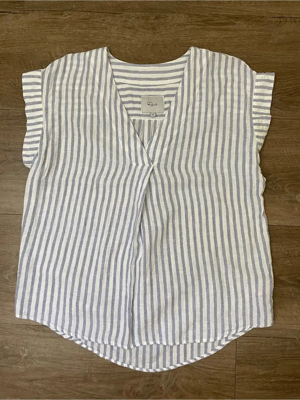 Rails Nala Popover Blouse Size M Blue Iris Stripe Linen Rayon Coastal Chic Beach - Image 9