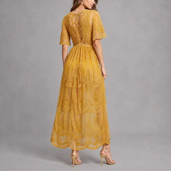 Anthropologie Sohcue Mustard Yellow Sheer Lace V-Neck Maxi Dress Small NWT - Image 2