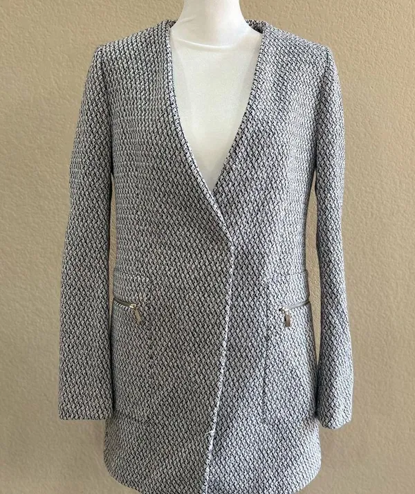 Zara Navy & Ecru Long Jacquard Blazer Jacket With Zipped Pockets Sz M Career Euc - Image 4