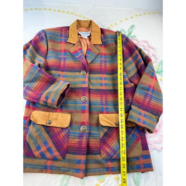 Eagle River Traders Multi Color Plaid Wool Blend Blazer Jacket Suede Trim BR 500 - Image 3