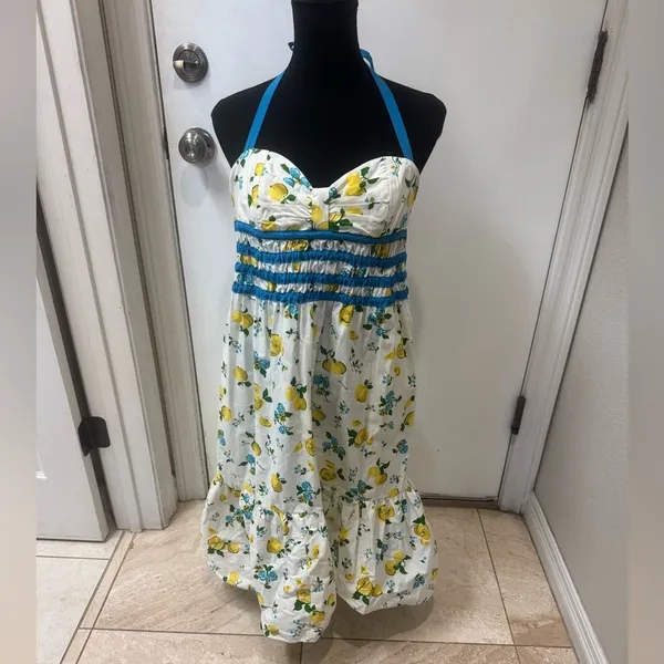 Lemon Floral Halter Dress with Blue Accents 34 bust size small women's midi - Image 2