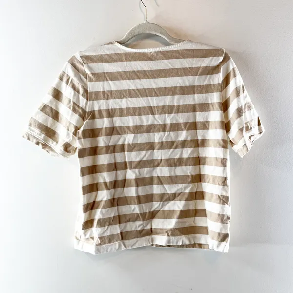 J. Crew Striped Cotton Short Sleeve Tee Shirt Gold Buttons Cream Tan Small - Image 4