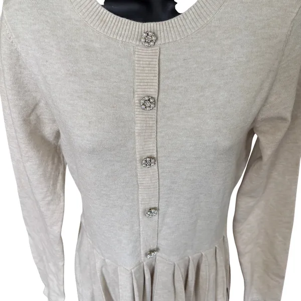 Lulus Beyond Sweet Heathered Beige Pearl Pleated Mini‎ Sweater Dress Sz M - Image 2