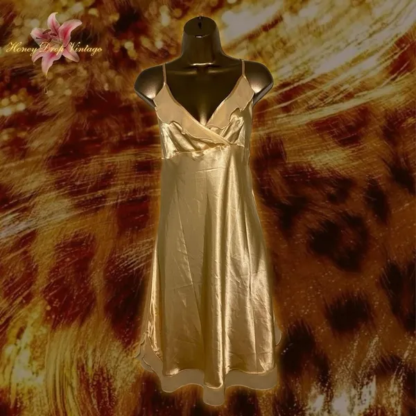 Gold Satin Slip Dress with Ruffle Hem - Image 2